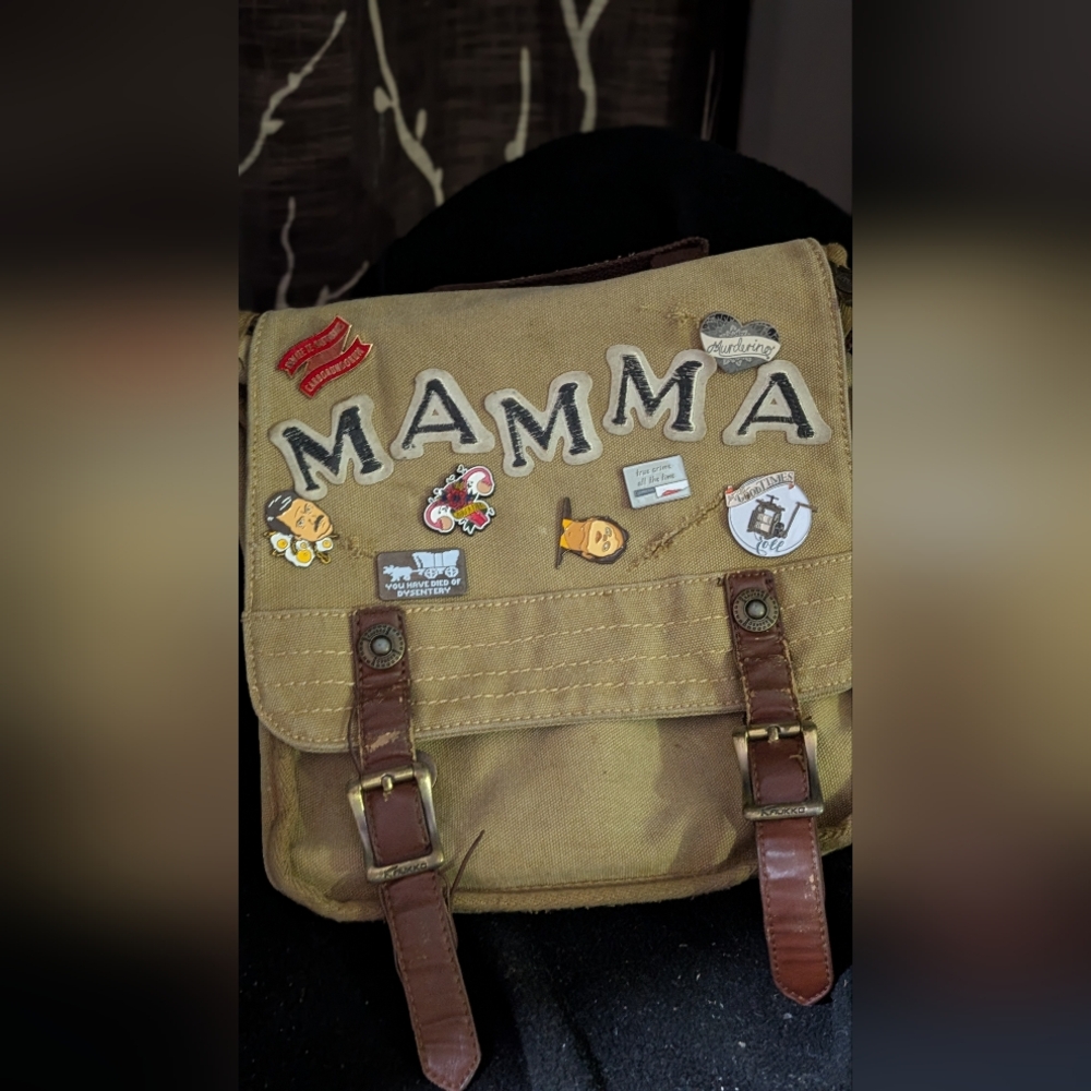 Tan/Brown Customized Leather Messenger Bag with Handmade Pins